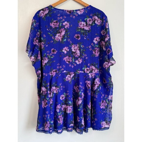 Torrid Blue Floral Peplum Chiffon Dot Lace Inset Top Size 4X Cottagecore Fairy - Picture 9 of 10